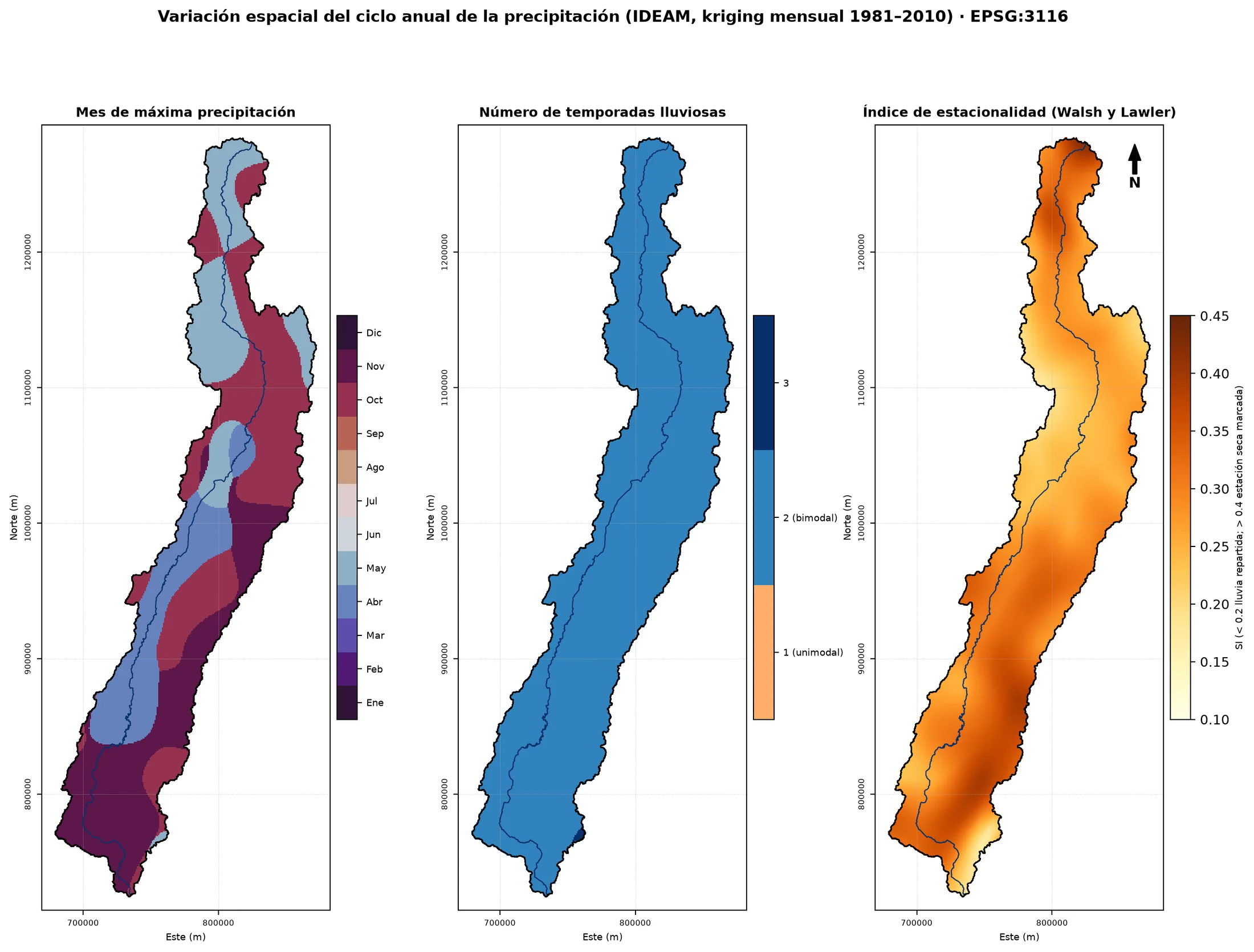Mes de máxima lluvia, número de temporadas lluviosas e índice de estacionalidad